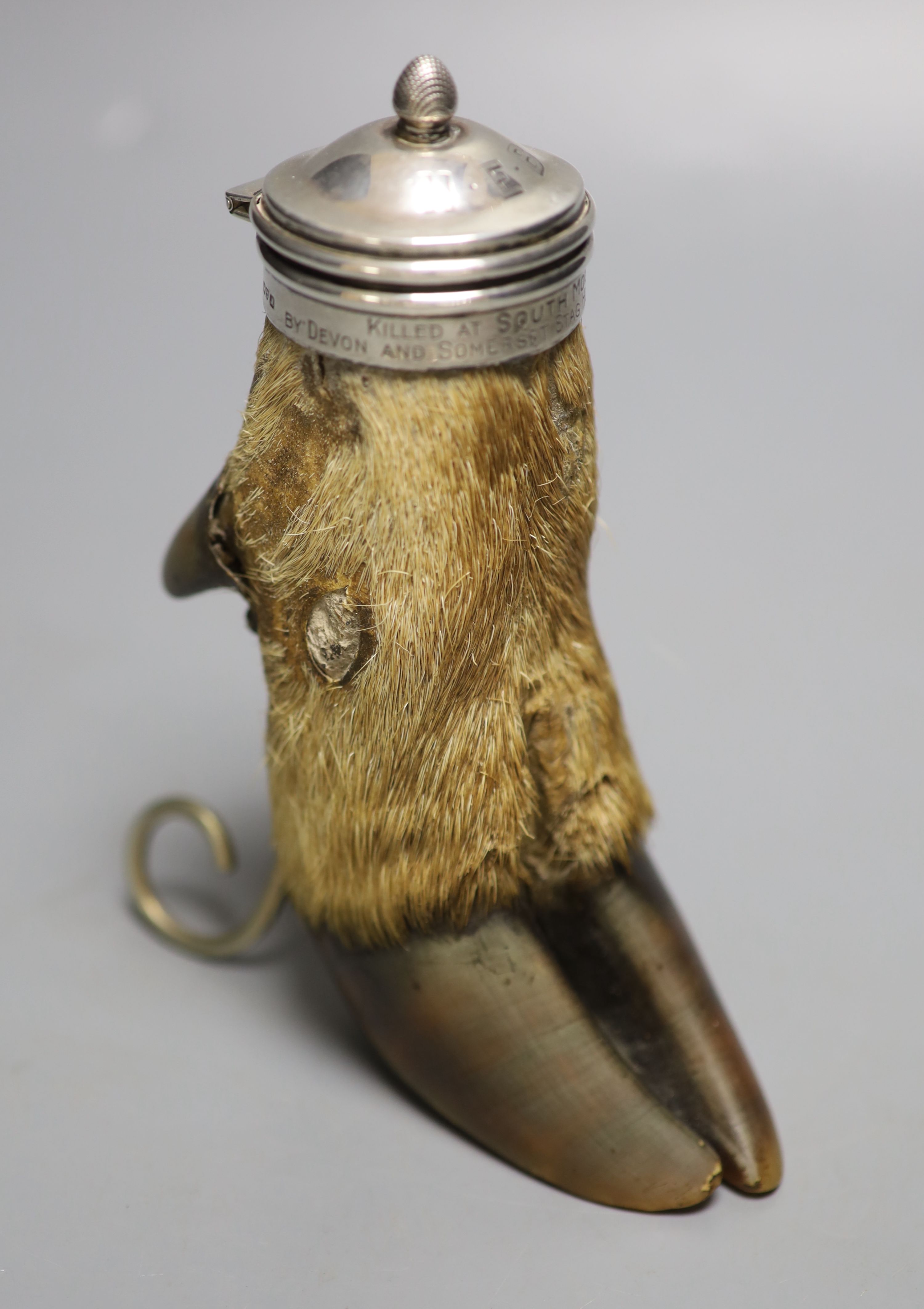 A George V silver mounted stag hoof vesta, with hinged cover and engraved inscription, Grey & Co, Chester, 1912, 16.2cm,